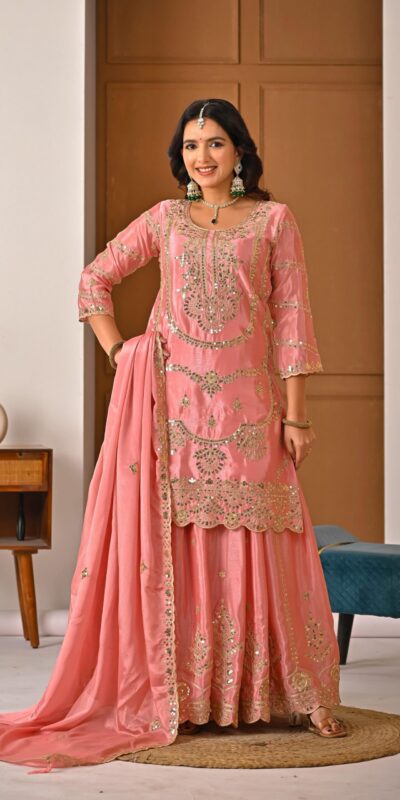ND 5033 Peach Chinon Silk Salwar Suit with Embroidery Work & Lace Work. Affordable Price ₹2149. Delivery 4-6 Working Days. Shop now. | Jump Suits, Straight Suits, Casual Suits, Creative suits, Designer Suits, Palazzo Suits, Party Wear Suits, Patiala Suits, Salwar suit