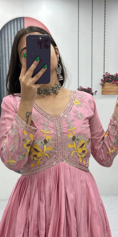 PC 542 Peach Color Chinon Gown with Thread & Embroidery Work. Available at ₹1749 only. Delivery 4-6 Working Days. Shop now. | Bollywood Gowns, Creative Gowns, Designer Gowns, Embroidered Gowns, Gowns, Party Wear Gowns