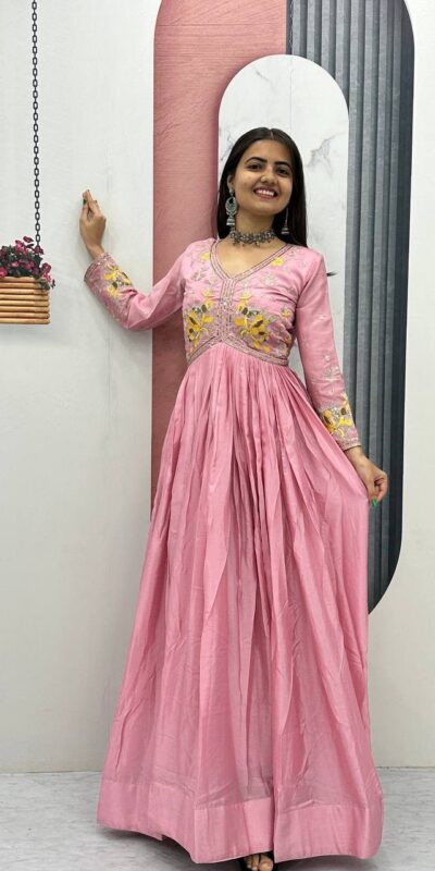 PC 542 Peach Color Chinon Gown with Thread & Embroidery Work. Available at ₹1749 only. Delivery 4-6 Working Days. Shop now. | Bollywood Gowns, Creative Gowns, Designer Gowns, Embroidered Gowns, Gowns, Party Wear Gowns