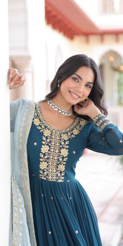 KA 1217 Peacock Blue Faux Georgette Sequence Work Gown Gown. Wedding, Party, Festive, Events Grab it for ₹2149. Delivery 4-6 Working Days. Shop now. | Bollywood Gowns, Creative Gowns, Designer Gowns, Embroidered Gowns, Gowns, Party Wear Gowns