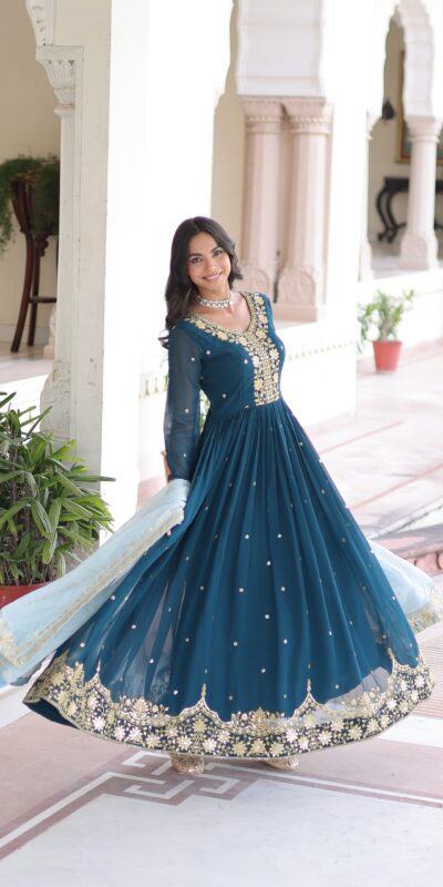 KA 1217 Peacock Blue Faux Georgette Sequence Work Gown Gown. Wedding, Party, Festive, Events Grab it for ₹2149. Delivery 4-6 Working Days. Shop now. | Bollywood Gowns, Creative Gowns, Designer Gowns, Embroidered Gowns, Gowns, Party Wear Gowns