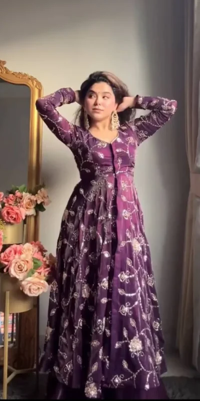 VLM 320 Purple Fendy Silk Gown Perfect for Wedding, Party, Pongal, Sangeet, Diwali – . Get it for ₹2499. Delivery 4-6 Working Days. Shop now. | Bollywood Gowns, Creative Gowns, Designer Gowns, Embroidered Gowns, Gowns, Party Wear Gowns