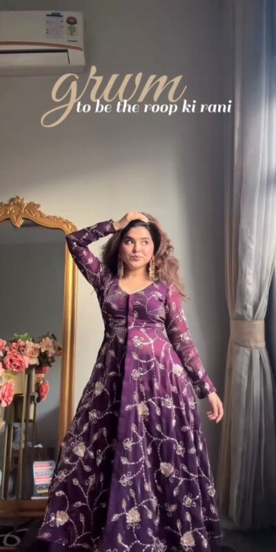 KD 1566 Purple Fendy Silk Gown Perfect for Wedding, Party, Pongal, Sangeet, Diwali – . Get it for ₹2499. Delivery 4-6 Working Days. Shop now. | Bollywood Gowns, Creative Gowns, Designer Gowns, Embroidered Gowns, Gowns, Party Wear Gowns