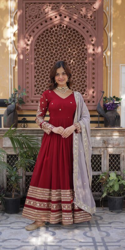KA 1148 Red Color Faux Blooming Gown with Zari Work & Embroidery Work. Grab it for ₹1899. Delivery 4-6 Working Days. Shop now. | Bollywood Gowns, Creative Gowns, Designer Gowns, Embroidered Gowns, Gowns, Party Wear Gowns