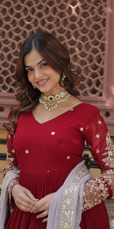 KA 1148 Red Color Faux Blooming Gown with Zari Work & Embroidery Work. Grab it for ₹1899. Delivery 4-6 Working Days. Shop now. | Bollywood Gowns, Creative Gowns, Designer Gowns, Embroidered Gowns, Gowns, Party Wear Gowns
