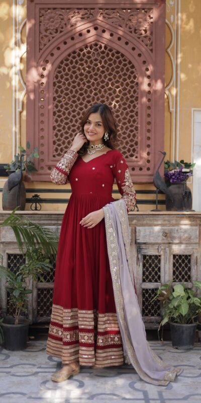 KA 1148 Red Color Faux Blooming Gown with Zari Work & Embroidery Work. Grab it for ₹1899. Delivery 4-6 Working Days. Shop now. | Bollywood Gowns, Creative Gowns, Designer Gowns, Embroidered Gowns, Gowns, Party Wear Gowns