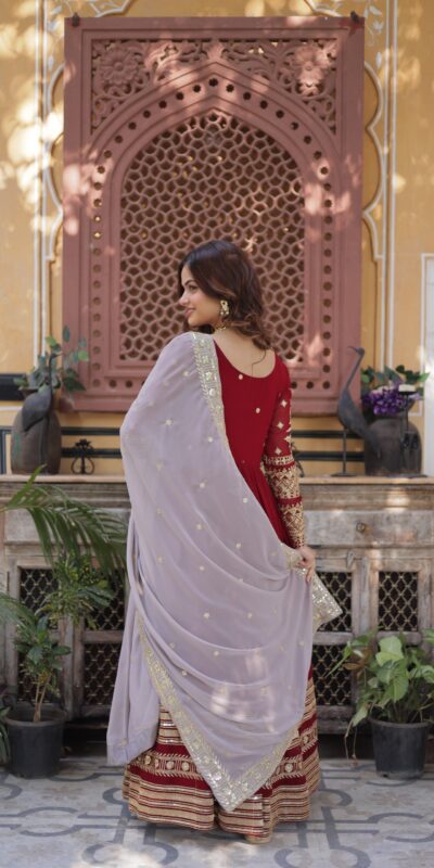 KA 1148 Red Color Faux Blooming Gown with Zari Work & Embroidery Work. Grab it for ₹1899. Delivery 4-6 Working Days. Shop now. | Bollywood Gowns, Creative Gowns, Designer Gowns, Embroidered Gowns, Gowns, Party Wear Gowns