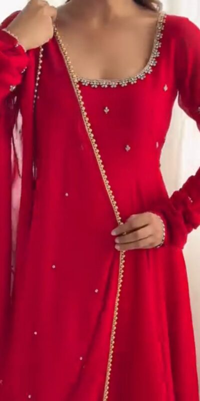 LKD 1527 Red in Faux Georgette ace Work Gown . Wedding, Party, Festive, Events, Exclusive Offer ₹2049. Delivery 4-6 Working Days. Shop now. | Bollywood Gowns, Creative Gowns, Designer Gowns, Embroidered Gowns, Gowns, Party Wear Gowns