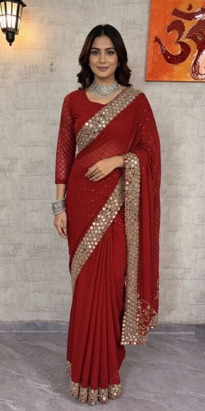 BD 1811 Red in Faux Georgette Mirror Work & Embroidery Work Saree . Exclusive Offer ₹2049. Delivery 4-6 Working Days. Shop now. | Bollywood Sarees, Creative Sarees, Designer Sarees, Embroidered Sarees, Ethnic Saree, Modern Digital sarees, Party Wear Sarees, Sarees