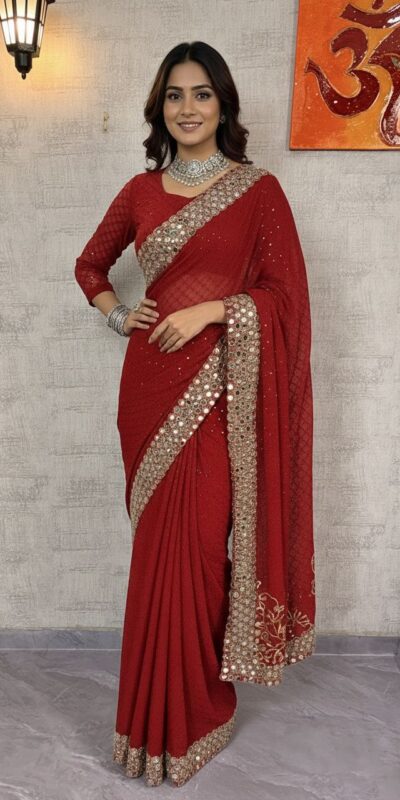 BD 1811 Red in Faux Georgette Mirror Work & Embroidery Work Saree . Exclusive Offer ₹2049. Delivery 4-6 Working Days. Shop now. | Bollywood Sarees, Creative Sarees, Designer Sarees, Embroidered Sarees, Ethnic Saree, Modern Digital sarees, Party Wear Sarees, Sarees