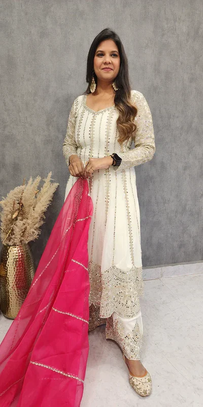 KD 1521 White Faux Georgette Salwar Suit Perfect for Wedding, Party, Pooja, Reception, Engagement – . Introductory Price ₹2099. Delivery 4-6 Working D | Jump Suits, Straight Suits, Casual Suits, Creative suits, Designer Suits, Palazzo Suits, Party Wear Suits, Patiala Suits, Salwar suit