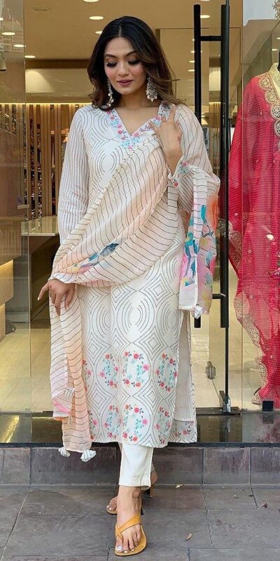 DC G21 White in Maslin Digital Print Salwar Suit . Wedding, Party, Festive, Events, Introductory Price ₹1699. Delivery 4-6 Working Days. Shop now. | Jump Suits, Straight Suits, Casual Suits, Creative suits, Designer Suits, Palazzo Suits, Party Wear Suits, Patiala Suits, Salwar suit