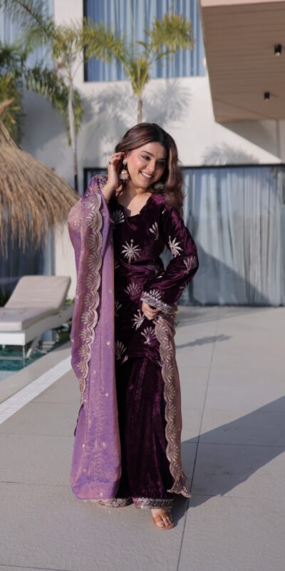 KA 1220 Wine Ice Velvet Salwar Suit with Embroidery Work & Zari Work. Exclusive Offer ₹2499. Delivery 4-6 Working Days. Shop now. | Jump Suits, Straight Suits, Casual Suits, Creative suits, Designer Suits, Palazzo Suits, Party Wear Suits, Patiala Suits, Salwar suit