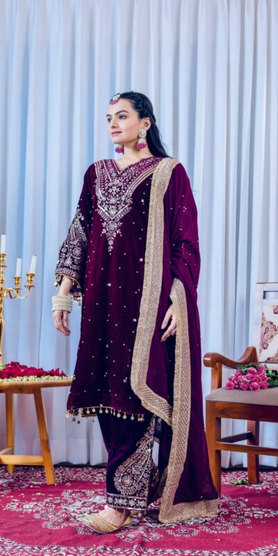 AD 134 Wine Color Heavy Pure Viscose Velvet Embroidery Sharara Suit Wedding, Party, Festive, Events Etc. Expected Delivery 4-6 Working Days @2099/- | Jump Suits, Straight Suits, Casual Suits, Creative suits, Designer Suits, Palazzo Suits, Party Wear Suits, Patiala Suits, Salwar suit