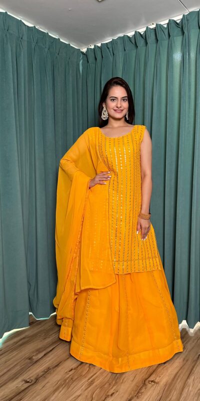 FB L299 Yellow in Color Georgette Mirror Work Lehenga Choli e. Introductory Price ₹2549. Delivery 4-6 Working Days. Shop now. | Bollywood Lehenga, Creative Lehenga, Designer Lehenga, Embroidered Lehenga, Lehenga, Party Wear Lehenga