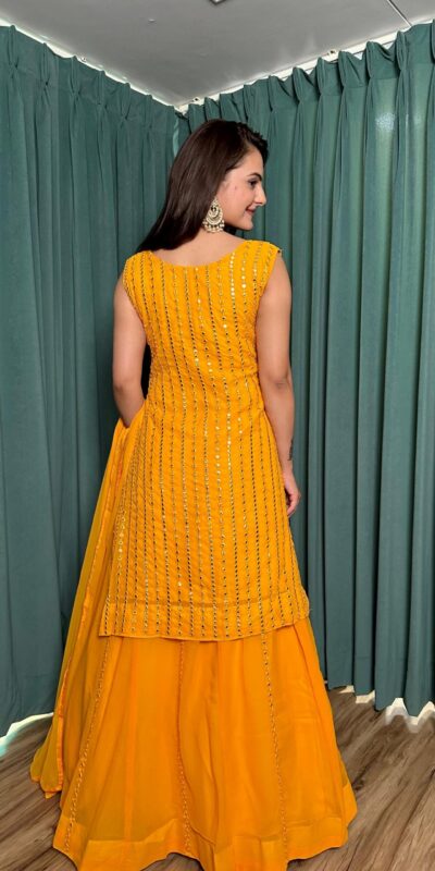 FB L299 Yellow in Color Georgette Mirror Work Lehenga Choli e. Introductory Price ₹2549. Delivery 4-6 Working Days. Shop now. | Bollywood Lehenga, Creative Lehenga, Designer Lehenga, Embroidered Lehenga, Lehenga, Party Wear Lehenga