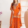 Aglow Orange Chinon Embroider Work Salwar Suit