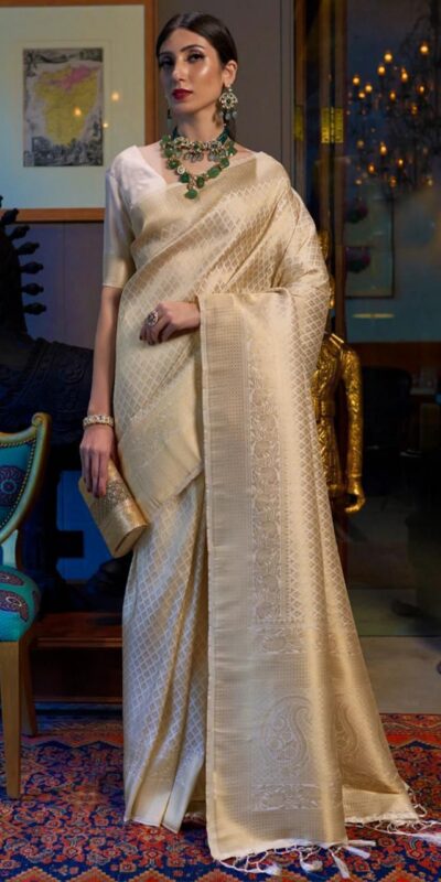 KPR 073 Off White Soft Lichi Silk Saree Perfect for Wedding, Party, Reception, Diwali, Ethnic Day – . Affordable Price ₹1299. Delivery 4-6 Working Days. | Bollywood Sarees, Creative Sarees, Designer Sarees, Embroidered Sarees, Ethnic Saree, Modern Digital sarees, Party Wear Sarees, Sarees