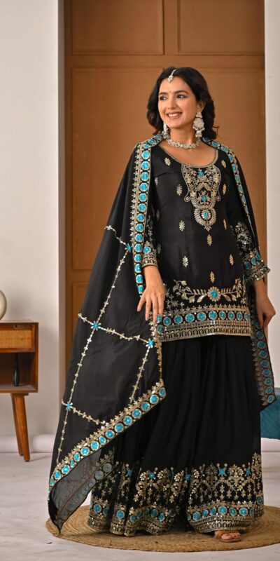 ND 5057 Black NC Vichitra Silk Salwar Suit with Embroidery Work. Special Price ₹2599. Delivery 4-6 Working Days. Shop now. | Jump Suits, Straight Suits, Casual Suits, Creative suits, Designer Suits, Palazzo Suits, Party Wear Suits, Patiala Suits, Salwar suit