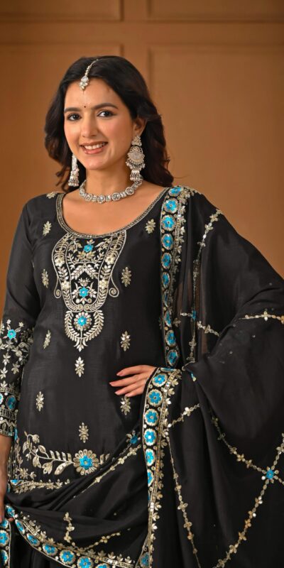 ND 5057 Black NC Vichitra Silk Salwar Suit with Embroidery Work. Special Price ₹2599. Delivery 4-6 Working Days. Shop now. | Jump Suits, Straight Suits, Casual Suits, Creative suits, Designer Suits, Palazzo Suits, Party Wear Suits, Patiala Suits, Salwar suit