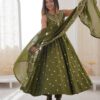 JF 038 Mehendi Roman Silk Gown with Embroidery Work. Wedding, Party, Festive, Events, Navratri, Exclusive Offer ₹2149. Delivery 4-6 Working Days. Shop now. | Bollywood Gowns, Creative Gowns, Designer Gowns, Embroidered Gowns, Gowns, Party Wear Gowns
