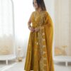 JF 038 Mustered Roman Silk Gown with Embroidery Work. Wedding, Party, Festive, Events, Navratri, Exclusive Offer ₹2149. Delivery 4-6 Working Days. Shop now. | Bollywood Gowns, Creative Gowns, Designer Gowns, Embroidered Gowns, Gowns, Party Wear Gowns