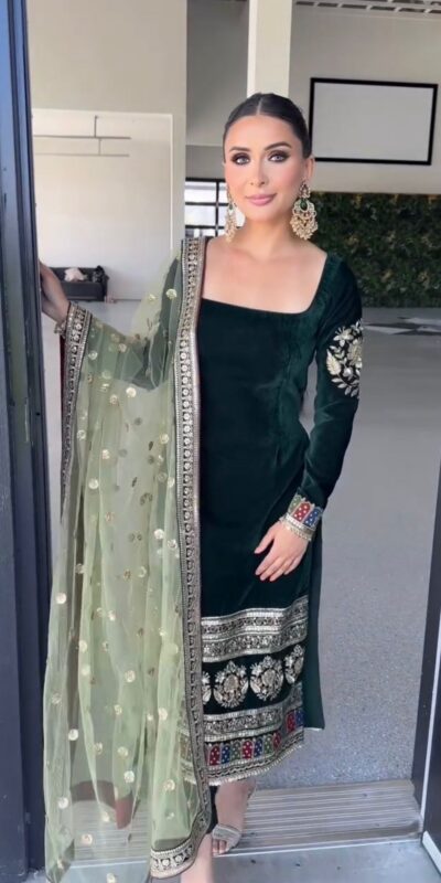MF 487 Green Color Viscous Velvet Salwar Suit with Embroidery Work. Grab it for ₹2149. Delivery 4-6 Working Days. Shop now. | Jump Suits, Straight Suits, Casual Suits, Creative suits, Designer Suits, Palazzo Suits, Party Wear Suits, Patiala Suits, Salwar suit