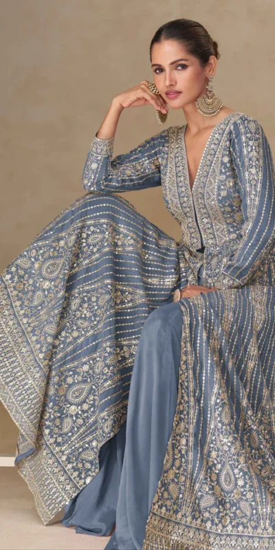 FC 10355 Grey Chinon Silk Salwar Suit with Embroidery Work & Lace Work. Affordable Price ₹3699. Delivery 4-6 Working Days. Shop now. | Jump Suits, Straight Suits, Casual Suits, Creative suits, Designer Suits, Palazzo Suits, Party Wear Suits, Patiala Suits, Salwar suit