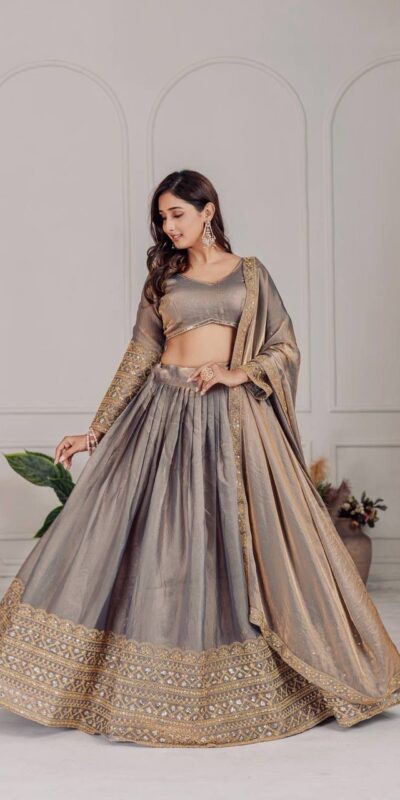 MT 1039 Grey Fendi Chiffon Lehenga Choli with Zari Work & Embroidery Work. Introductory Price ₹2599. Delivery 4-6 Working Days. Shop now. | Bollywood Lehenga, Creative Lehenga, Designer Lehenga, Embroidered Lehenga, Lehenga, Party Wear Lehenga