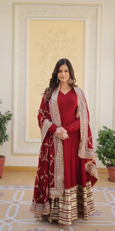 KA 1082 Maroon Faux Blooming Gown with Embroidery Work & Zari Work. Available at ₹3149 only. Delivery 4-6 Working Days. Shop now. | Bollywood Gowns, Creative Gowns, Designer Gowns, Embroidered Gowns, Gowns, Party Wear Gowns