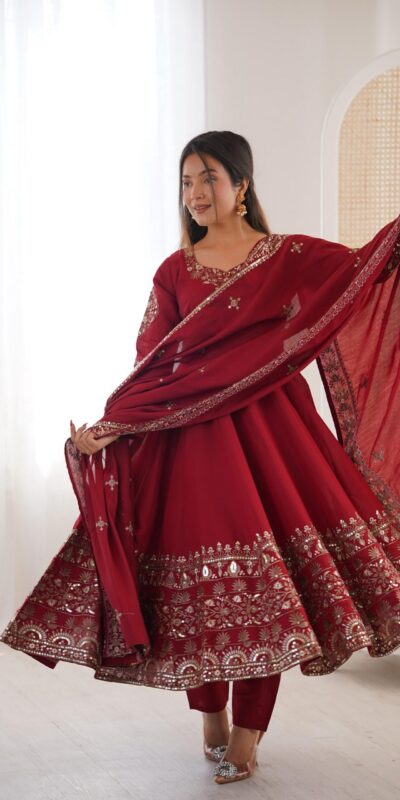 ZF 5016 Maroon Roman Silk Gown with Embroidery Work. Wedding, Party, Festive, Events, Navratri, Exclusive Offer ₹2499. Delivery 4-6 Working Days. Shop now. | Bollywood Gowns, Creative Gowns, Designer Gowns, Embroidered Gowns, Gowns, Party Wear Gowns