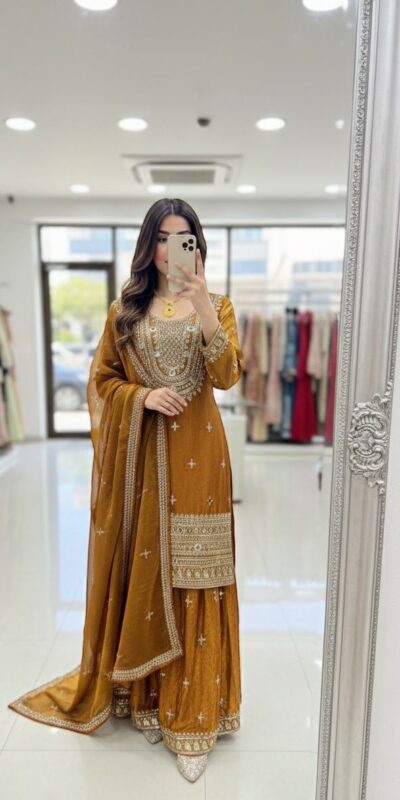 WW 1249 Mustered Fendy Silk Salwar Suit with Mirror Work & Embroidery Work. Best Price ₹2399. Delivery 4-6 Working Days. Shop now. | Jump Suits, Straight Suits, Casual Suits, Creative suits, Designer Suits, Palazzo Suits, Party Wear Suits, Patiala Suits, Salwar suit