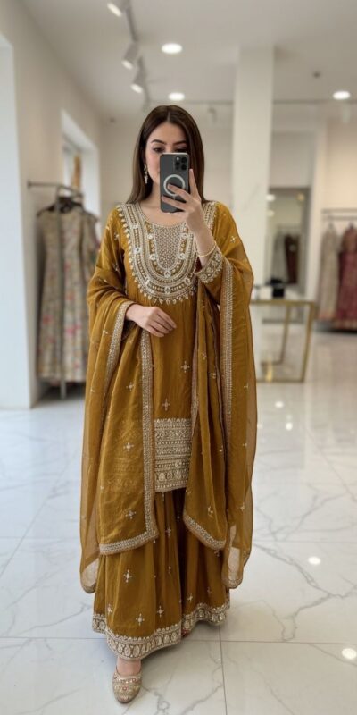 WW 1249 Mustered Fendy Silk Salwar Suit with Mirror Work & Embroidery Work. Best Price ₹2399. Delivery 4-6 Working Days. Shop now. | Jump Suits, Straight Suits, Casual Suits, Creative suits, Designer Suits, Palazzo Suits, Party Wear Suits, Patiala Suits, Salwar suit