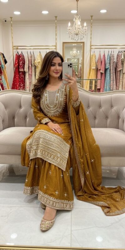 WW 1249 Mustered Fendy Silk Salwar Suit with Mirror Work & Embroidery Work. Best Price ₹2399. Delivery 4-6 Working Days. Shop now. | Jump Suits, Straight Suits, Casual Suits, Creative suits, Designer Suits, Palazzo Suits, Party Wear Suits, Patiala Suits, Salwar suit