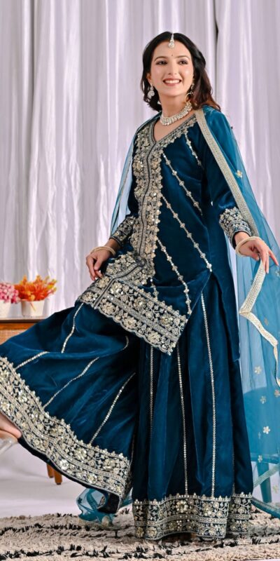 ND 5053 Navy Blue Viscous Velvet Salwar Suit with Embroidery Work. Grab it for ₹2449. Delivery 4-6 Working Days. Shop now. | Jump Suits, Straight Suits, Casual Suits, Creative suits, Designer Suits, Palazzo Suits, Party Wear Suits, Patiala Suits, Salwar suit