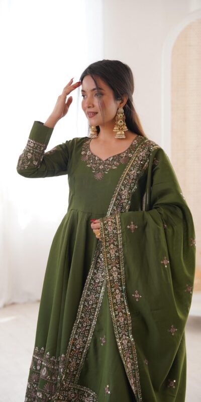 ZF 5016 Mehendi Roman Silk Gown with Embroidery Work. Wedding, Party, Festive, Events, Navratri, Exclusive Offer ₹2499. Delivery 4-6 Working Days. Shop now. | Bollywood Gowns, Creative Gowns, Designer Gowns, Embroidered Gowns, Gowns, Party Wear Gowns