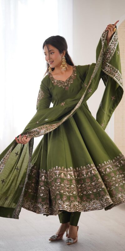 ZF 5016 Mehendi Roman Silk Gown with Embroidery Work. Wedding, Party, Festive, Events, Navratri, Exclusive Offer ₹2499. Delivery 4-6 Working Days. Shop now. | Bollywood Gowns, Creative Gowns, Designer Gowns, Embroidered Gowns, Gowns, Party Wear Gowns