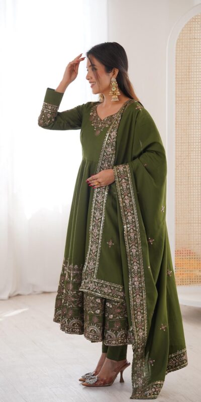 ZF 5016 Mehendi Roman Silk Gown with Embroidery Work. Wedding, Party, Festive, Events, Navratri, Exclusive Offer ₹2499. Delivery 4-6 Working Days. Shop now. | Bollywood Gowns, Creative Gowns, Designer Gowns, Embroidered Gowns, Gowns, Party Wear Gowns
