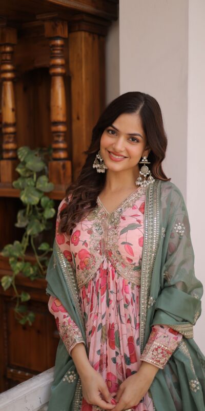 KA 1225 Peach Peach Russian Silk Gown with Embroidery Work & Zari Work. Special Price ₹2599. Delivery 4-6 Working Days. Shop now. | Bollywood Gowns, Creative Gowns, Designer Gowns, Embroidered Gowns, Gowns, Party Wear Gowns