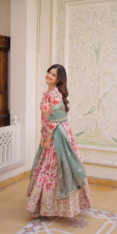 KA 1225 Peach Peach Russian Silk Gown with Embroidery Work & Zari Work. Special Price ₹2599. Delivery 4-6 Working Days. Shop now. | Bollywood Gowns, Creative Gowns, Designer Gowns, Embroidered Gowns, Gowns, Party Wear Gowns