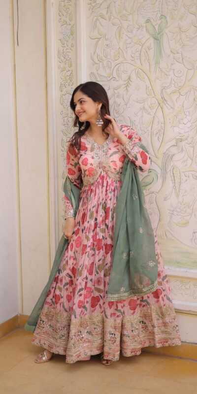 KA 1225 Peach Peach Russian Silk Gown with Embroidery Work & Zari Work. Special Price ₹2599. Delivery 4-6 Working Days. Shop now. | Bollywood Gowns, Creative Gowns, Designer Gowns, Embroidered Gowns, Gowns, Party Wear Gowns