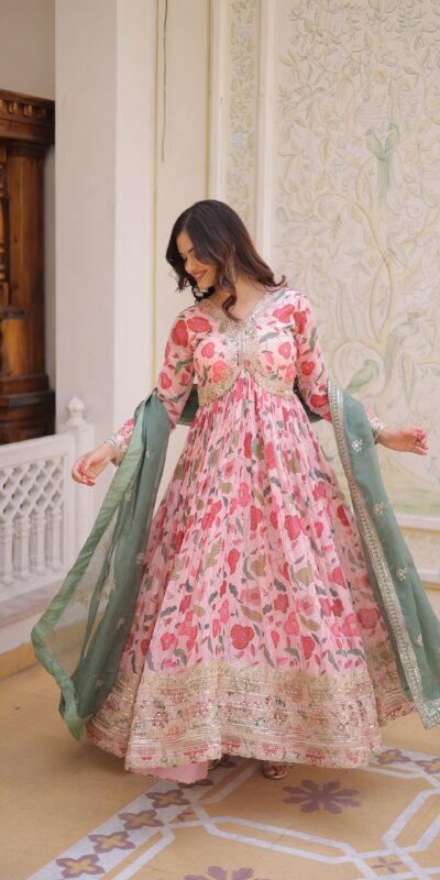 KA 1225 Peach Peach Russian Silk Gown with Embroidery Work & Zari Work. Special Price ₹2599. Delivery 4-6 Working Days. Shop now. | Bollywood Gowns, Creative Gowns, Designer Gowns, Embroidered Gowns, Gowns, Party Wear Gowns