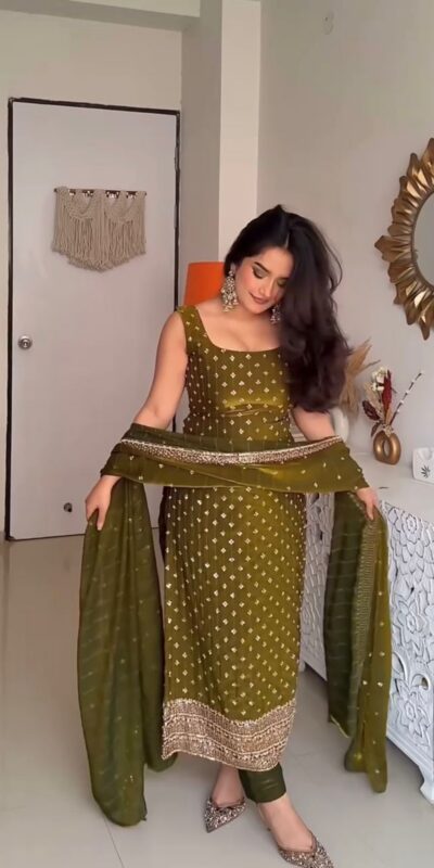 KD 1577 Mehendi Fendy Silk Salwar Suit with Mirror Work & Embroidery Work. Best Price ₹1999. Delivery 4-6 Working Days. Shop now. | Jump Suits, Straight Suits, Casual Suits, Creative suits, Designer Suits, Palazzo Suits, Party Wear Suits, Patiala Suits, Salwar suit