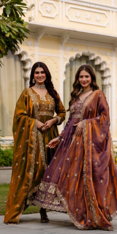RR 38 Purple Fendy Satin Gown Perfect for Wedding, Party, Pongal, Makar Sankranti, Ganesh Chaturthi – . Available at ₹2649 only. Delivery 4-6 Wor | Bollywood Gowns, Creative Gowns, Designer Gowns, Embroidered Gowns, Gowns, Party Wear Gowns