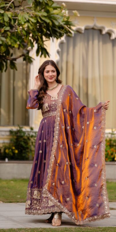 RR 38 Purple Fendy Satin Gown Perfect for Wedding, Party, Pongal, Makar Sankranti, Ganesh Chaturthi – . Available at ₹2649 only. Delivery 4-6 Wor | Bollywood Gowns, Creative Gowns, Designer Gowns, Embroidered Gowns, Gowns, Party Wear Gowns