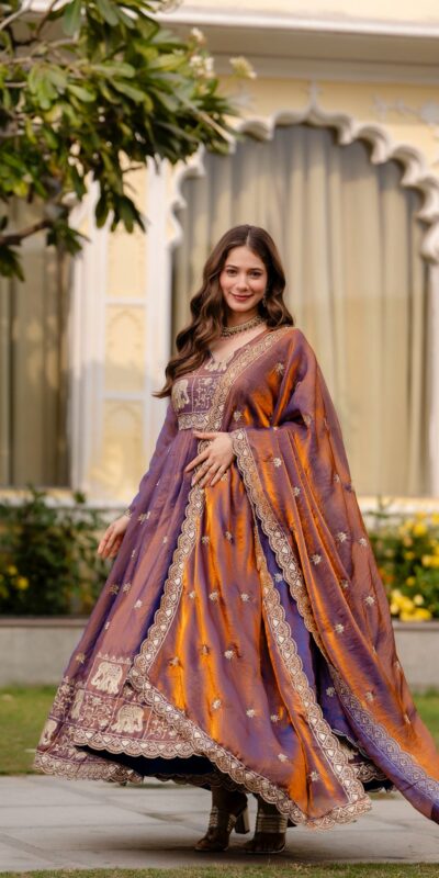 RR 38 Purple Fendy Satin Gown Perfect for Wedding, Party, Pongal, Makar Sankranti, Ganesh Chaturthi – . Available at ₹2649 only. Delivery 4-6 Wor | Bollywood Gowns, Creative Gowns, Designer Gowns, Embroidered Gowns, Gowns, Party Wear Gowns