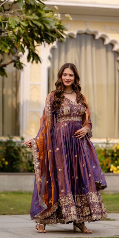 RR 38 Purple Fendy Satin Gown Perfect for Wedding, Party, Pongal, Makar Sankranti, Ganesh Chaturthi – . Available at ₹2649 only. Delivery 4-6 Wor | Bollywood Gowns, Creative Gowns, Designer Gowns, Embroidered Gowns, Gowns, Party Wear Gowns