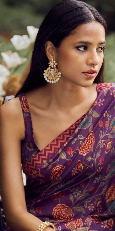 KT 174 Purple Digital Print & Lace Work Saree in Blue Softy Silk. Introductory Price ₹1474. Delivery 4-6 Working Days. Shop now. | Bollywood Sarees, Creative Sarees, Designer Sarees, Embroidered Sarees, Ethnic Saree, Modern Digital sarees, Party Wear Sarees, Sarees