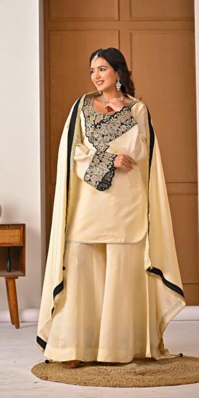 MD 3079 Cream Color Roman Silk Salwar Suit with Embroidery Work. Available at ₹2499 only. Delivery 4-6 Working Days. Shop now. | Jump Suits, Straight Suits, Casual Suits, Creative suits, Palazzo Suits, Party Wear Suits, Patiala Suits, Salwar suit