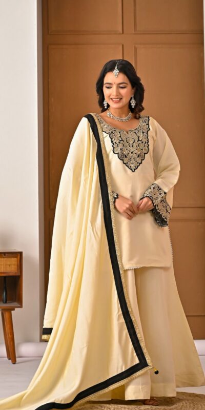 MD 3079 Cream Color Roman Silk Salwar Suit with Embroidery Work. Available at ₹2499 only. Delivery 4-6 Working Days. Shop now. | Jump Suits, Straight Suits, Casual Suits, Creative suits, Palazzo Suits, Party Wear Suits, Patiala Suits, Salwar suit